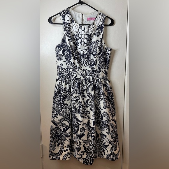 Eliza J Floral Beaded Neckline Dark Navy Blue White Linen Blend Mini Dress M - Picture 1 of 17